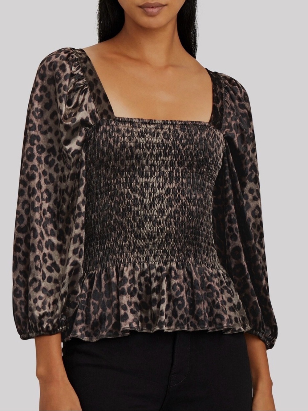 Saylor Plush Leopard Smocked Puff Sleeve Blouse Small